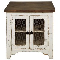 Benjara Two Tone Wooden End Table With Metal Grill Cabinet, White And Brown