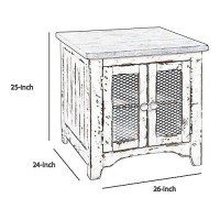 Benjara Two Tone Wooden End Table With Metal Grill Cabinet, White And Brown