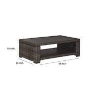 Benjara Bm213312 Wicker Woven Aluminum Frame Cocktail Table With Open Shelf, Brown And Black