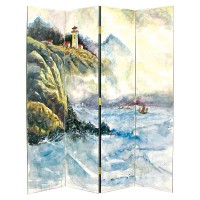 Benjara Wooden 4 Panel Room Divider With Landscape Scene, Multicolor