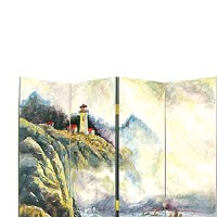 Benjara Wooden 4 Panel Room Divider With Landscape Scene, Multicolor