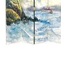 Benjara Wooden 4 Panel Room Divider With Landscape Scene, Multicolor