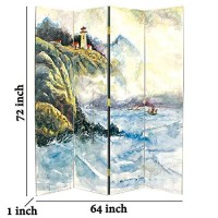 Benjara Wooden 4 Panel Room Divider With Landscape Scene, Multicolor