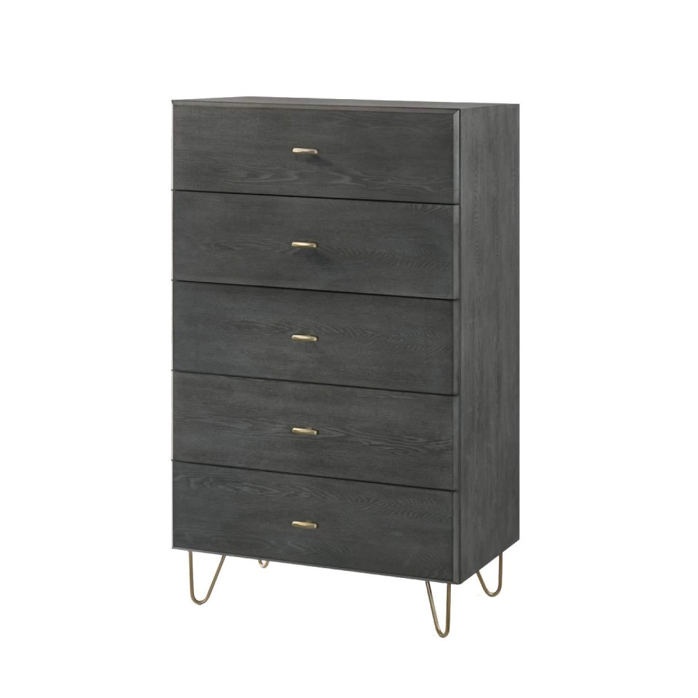 Benjara 5 Drawer Wooden Chest With Metal Hairpin Legs, Gray And Gold