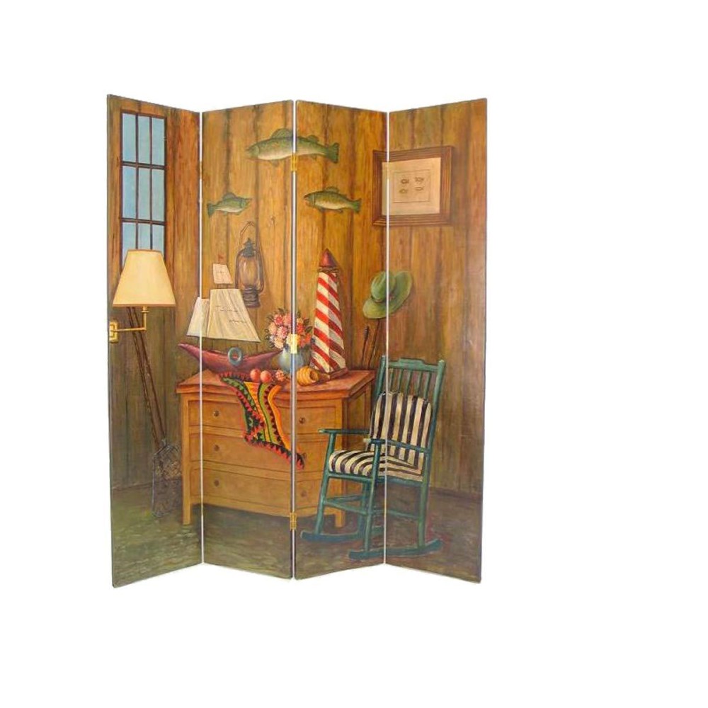 Benjara Wooden 4 Panel Room Divider With Sea And Marine Life Theme, Multicolor
