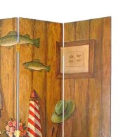 Benjara Wooden 4 Panel Room Divider With Sea And Marine Life Theme, Multicolor