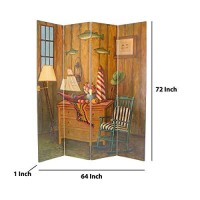 Benjara Wooden 4 Panel Room Divider With Sea And Marine Life Theme, Multicolor