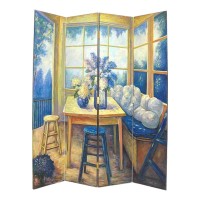 Benjara Wooden 4 Panel Room Divider With Den Interior Scene, Multicolor