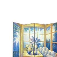 Benjara Wooden 4 Panel Room Divider With Den Interior Scene, Multicolor