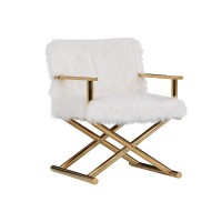 Benjara Faux Fur Steel Lounge Chair With Removable Cushion, White, Gold