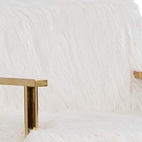 Benjara Faux Fur Steel Lounge Chair With Removable Cushion, White, Gold