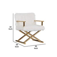 Benjara Faux Fur Steel Lounge Chair With Removable Cushion, White, Gold