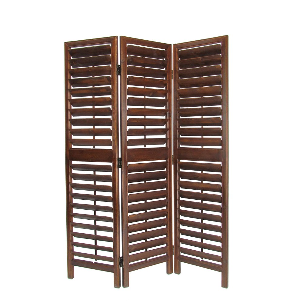 Benjara Wooden 3 Panel Room Divider With Slatted Design, Brown