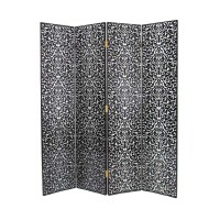 Benjara Wooden 4 Panel Room Divider With Scrolling Motifs, Black And Silver