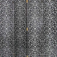 Benjara Wooden 4 Panel Room Divider With Scrolling Motifs, Black And Silver