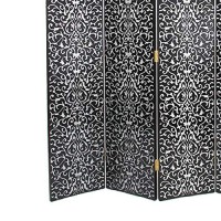 Benjara Wooden 4 Panel Room Divider With Scrolling Motifs, Black And Silver