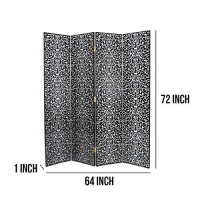 Benjara Wooden 4 Panel Room Divider With Scrolling Motifs, Black And Silver