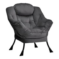 Hollyhome Modern Velvet Fabric Lazy Chair, Accent Contemporary Lounge Chair, Single Steel Frame Leisure Sofa Chair With Armrests And A Side Pocket, Thick Padded Back, Smoky Grey