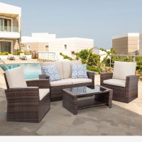 Shintenchi Outdoor Patio Furniture 4 Piece Set, Wicker Rattan Sectional Sofa Couch With Glass Coffee Table | Brown