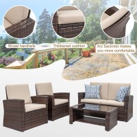 Shintenchi Outdoor Patio Furniture 4 Piece Set, Wicker Rattan Sectional Sofa Couch With Glass Coffee Table | Brown