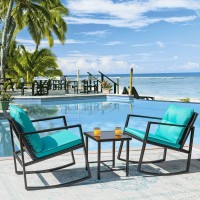 Flamaker 3 Pieces Patio Furniture Set Rocking Wicker Bistro Sets Modern Outdoor Rocking Chair Furniture Sets Clearance Cushioned Pe Rattan Chairs Conversation Sets With Coffee Table (Blue)