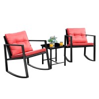 Flamaker 3 Pieces Patio Furniture Set Rocking Wicker Bistro Sets Modern Outdoor Rocking Chair Furniture Sets Clearance Cushioned Pe Rattan Chairs Conversation Sets With Coffee Table (Red)