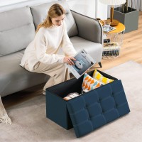 Youdenova 30 Inches Folding Storage Ottoman, 80L Ottoman Bench Footrest Stool, Linen Fabric Blue Storage Chest Padded Seat For Bedroom And Living Room, Support 350Lbs