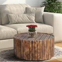 The Urban Port 34-Inch Handmade Wooden Round Coffee Table With Plank Design, Burned Brown