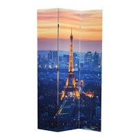 Benjara 3 Panel Double Sided Wooden Room Divider With Eiffel Tower Print, Multicolor