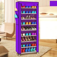 Soso-Bantian1989 Purple 10 Tiers Metal Tube Frame Shoe Rack With Dustproof Cover, 27 Pairs Shoes Cabinet Closet Storage Organizer Tower Shelf