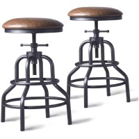 Diwhy Industrial Vintage Bar Stool,Kitchen Counter Height Adjustable Pipe Stool,Cast Iron Stool,Swivel Bar Stool,Metal Stool,27 Inch,Fully Welded Set Of 2 (Brown Pu Leather Top)