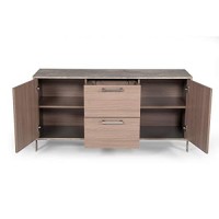 Benjara Door Storage Buffet With Faux Concrete Top And 2 Drawers, Brown And Gray