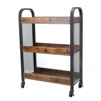 Benjara 3 Tier Wood And Metal Kitchen Cart With Mesh Side Panel, Brown And Black