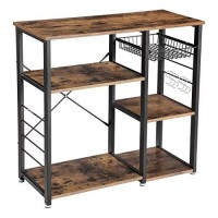 Benjara Wood And Metal Bakers Rack With 4 Shelves And Wire Basket, Brown And Black