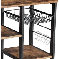 Benjara Wood And Metal Bakers Rack With 4 Shelves And Wire Basket, Brown And Black