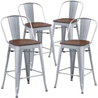 Aklaus Metal Bar Stools Set Of 4,24 Inch Barstools Counter Height Bar Stools With Backs Farmhouse Bar Stools With Larger Seat High Back Kitchen Dining Chairs Modern Bar Chairs 24 Silver Stool
