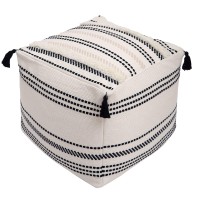 Blue Page Unstuffed Ottoman Pouf, Square And Striped, Morocco Tufted Boho Foot Rest, Pouf Cover With Big Tassels, Decorative Stool For Bedroom And Living Room, (18X18X16 Inches, Black And Cream)