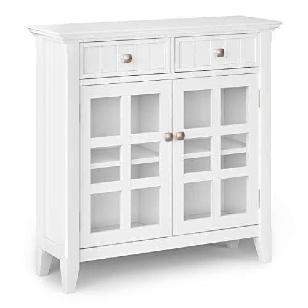 Simplihome Acadian Solid Wood 36 Inch Wide Transitional Entryway Hallway Storage Cabinet In White With 2 Drawers 2 Doors And 2 Adjustable Shelves