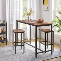 Hoobro Bar Table And Chairs Set, 47.2? Rectangular Pub 2 Stools, 3-Piece Breakfast Set For Kitchen Living Room, Dining Sturdy Metal Frame, Rustic Brown Bf52Bt01