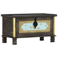 Vidaxl Antique-Style Wooden Storage Chest - Solid Mango Wood Decorative Coffee Table With Lockable Design - Hand-Carved With Elegant Metal Painting - Black, Gold And Blue
