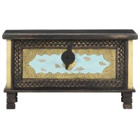 Vidaxl Antique-Style Wooden Storage Chest - Solid Mango Wood Decorative Coffee Table With Lockable Design - Hand-Carved With Elegant Metal Painting - Black, Gold And Blue