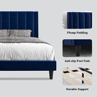 Allewie Queen Platform Bed Framevelvet Upholstered Bed Frame With Vertical Channel Tufted Headboardstrong Wooden Slatsmattress Foundationbox Spring Optionaleasy Assemblynavy Blue
