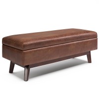 Simplihome Owen 48 Inch Wide Mid Century Modern Rectangular Coffee Table Lift Top Storage Ottoman In Upholstered Distressed Saddle Brown Faux Leather, For The Living Room