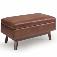 Simplihome Owen 36 Inch Wide Mid Century Modern Rectangular Coffee Table Lift Top Storage Ottoman In Upholstered Distressed Saddle Brown Faux Leather, For The Living Room
