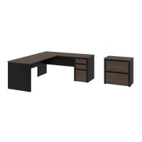 Bestar Connexion L-Shaped Desk With Lateral File Cabinet, 72W, Antigua & Black