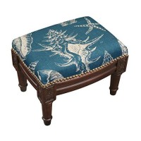 Misc Blue Seashells Footstool Floral Classic Pattern Rectangle Rubberwood Walnut Finish