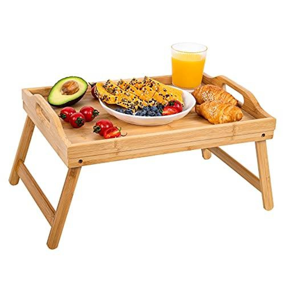 Bamboo Bed Tray,Breakfast Tray With Folding Legs Serving Tray With Carrying Handles Portable Lap Tray Lightweight Decorative Tray Food Tray For Breakfast In Bed,Reading Or Working (17.1 Inch)