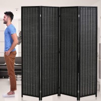 Room Divider Privacy Screen Folding 4 Panel 72 Inches High Portable Room Seperating Divider, Handwork Bamboo Mesh Woven Design Wall, Room Partitions And Dividers Freestanding, Black