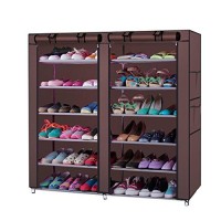 Designscape3D Portable Shoe Rack With Dust Cover, Non-Woven Fabric Shoes Organizer Shelf, 6-Row 2-Line 12 Lattices, Coffee