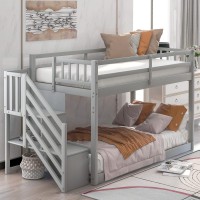 Merax Twin Over Twin Floor Bunk Bed, Solid Wood Twin Bunk Bed Frame With Storage, No Box Spring Required (Without Slide, Grey)